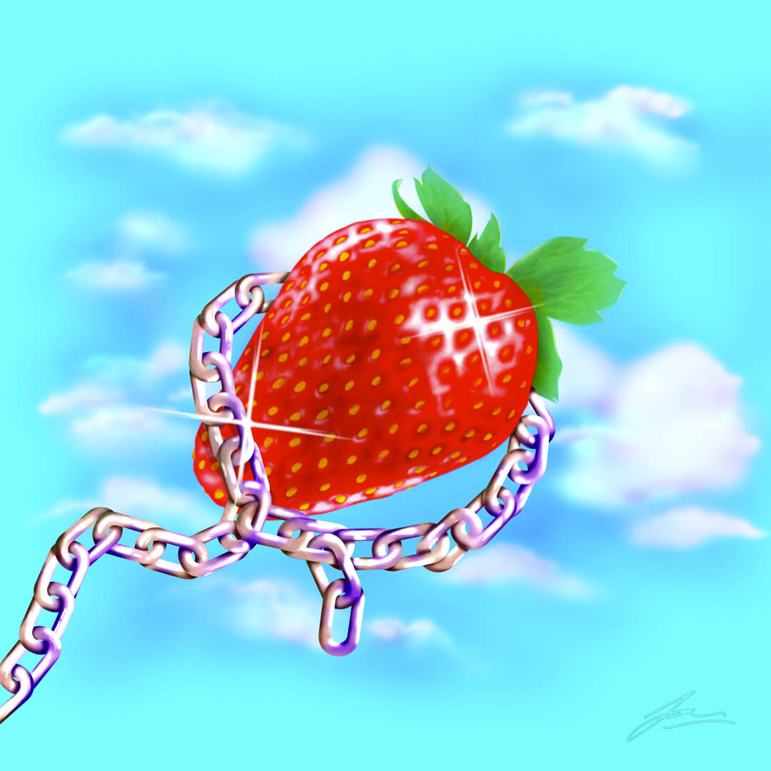 Strawberry with a chain wrapped around it, floating in front of a bright blue sky, in an airbrush vintage 70s style